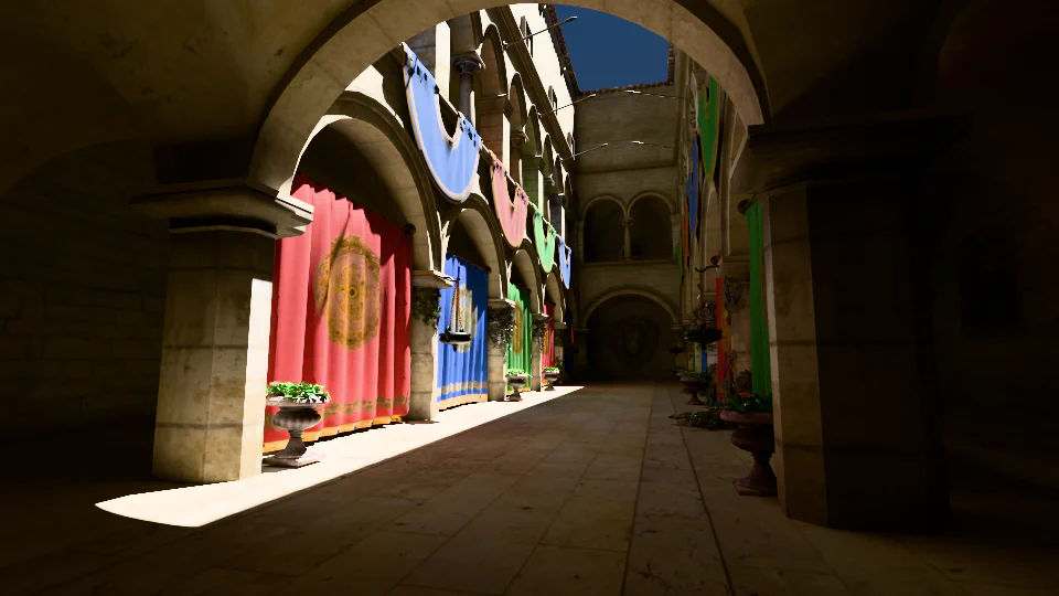 Converged high-sample Sponza image from the RTVK benchmark suite