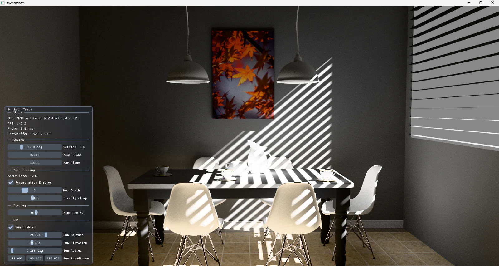Path-traced dining room in RTVK with direct sun lighting