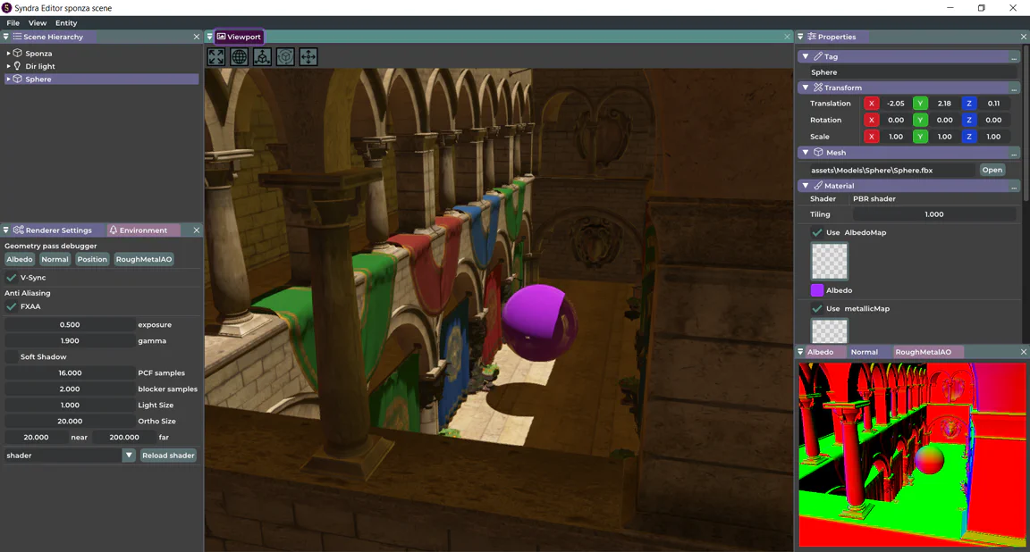 The Syndra editor rendering the Sponza scene with material and renderer controls