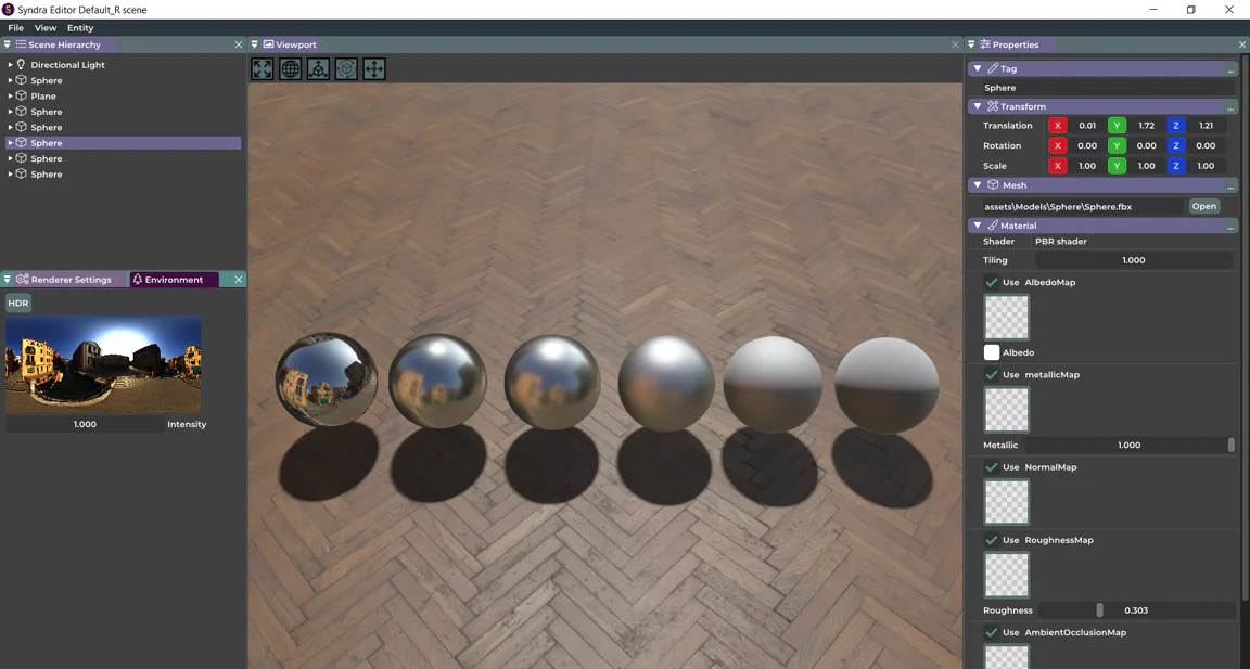 Syndra's material editor showing metallic and roughness values across six spheres